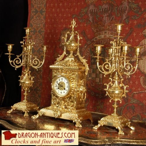 ***** Sold *****  Large Gilded Brass Gothic Clock Set by Jos Leemans, Brussels.